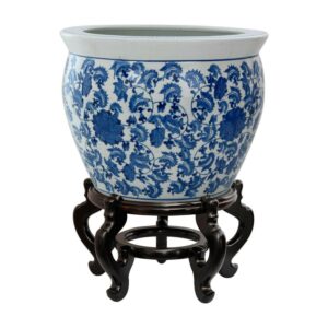 Red Lantern 14" Floral Blue & White Porcelain Fishbowl Planter