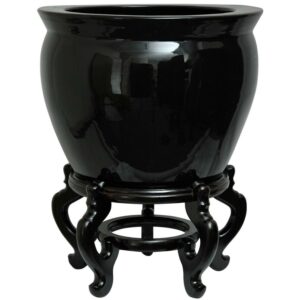 Red Lantern 12" Solid Black Porcelain Fishbowl Planter