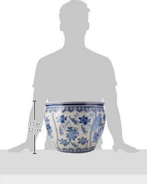 Red Lantern 16" Ladies Blue & White Porcelain Fishbowl Planter - Image 3