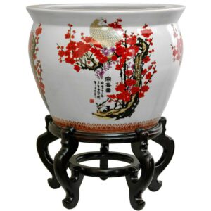 Red Lantern Large 18" Cherry Blossom Porcelain Fishbowl Planter