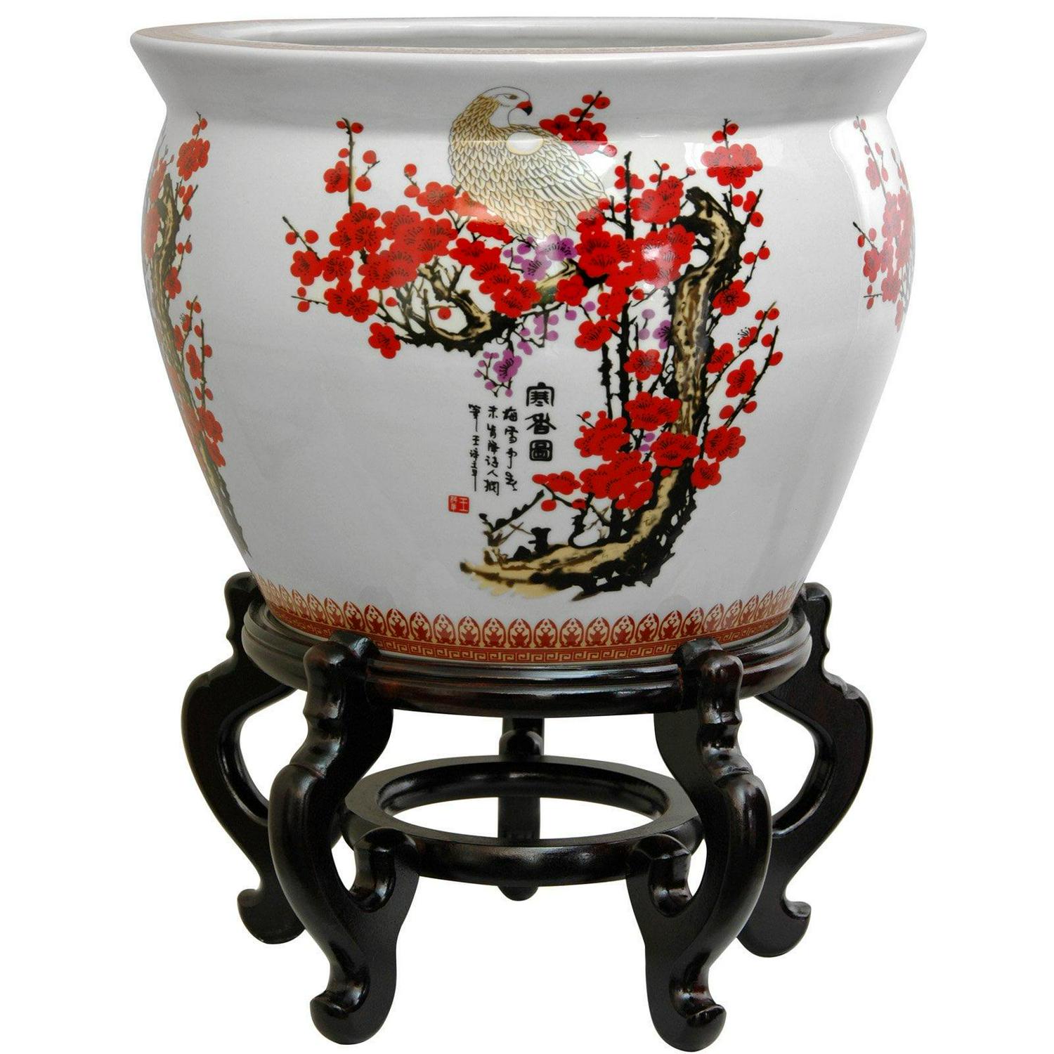 Red Lantern Large 18" Cherry Blossom Porcelain Fishbowl Planter
