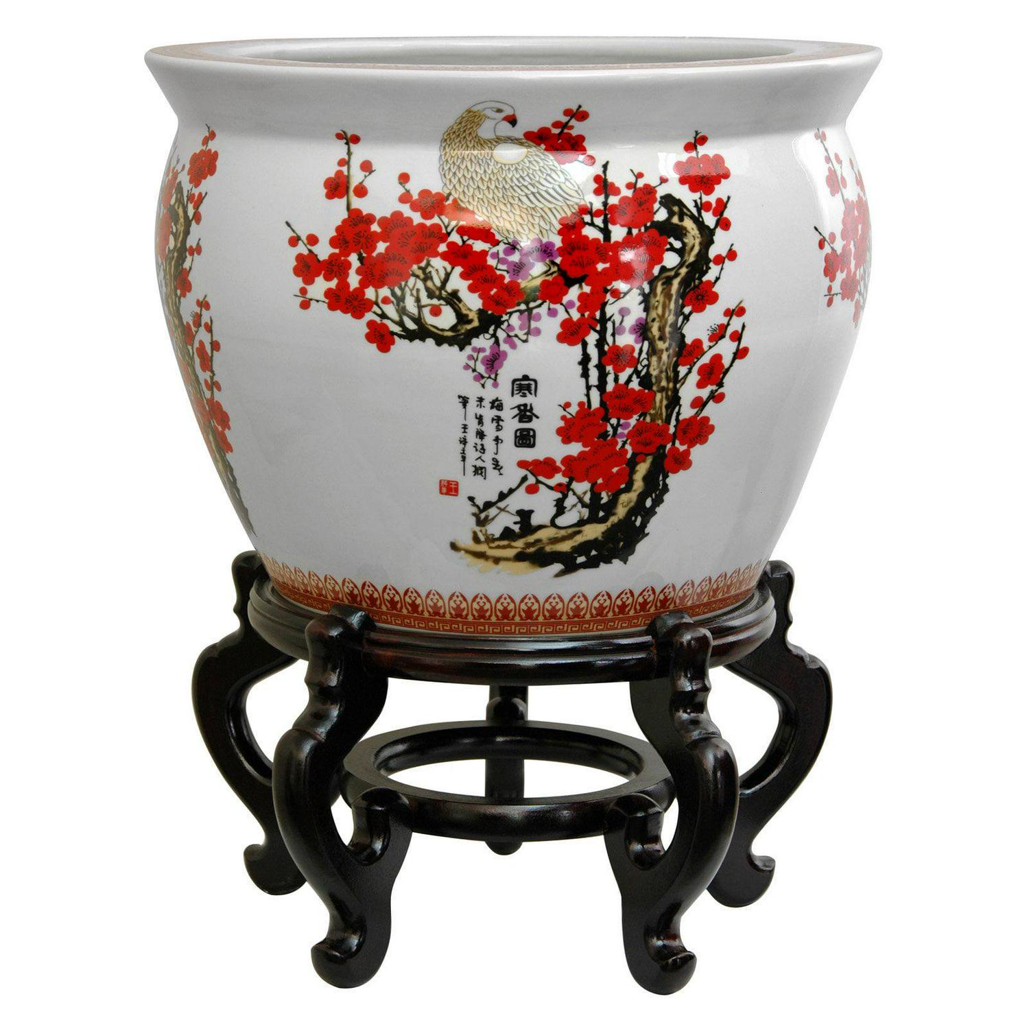 Red Lantern Large 18" Cherry Blossom Porcelain Fishbowl Planter - Image 2