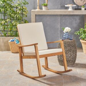 Outdoor Acacia Wood Rocking Chair with Cushion, Teak,Cream