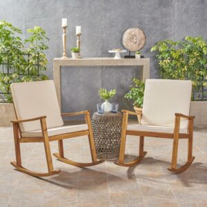 Outdoor Acacia Wood Rocking Chair with Cushions,Teak,Cream
