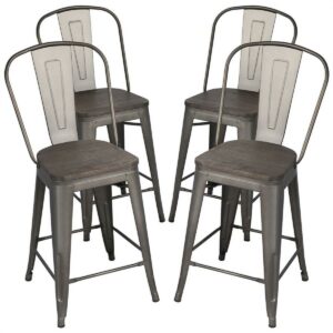 Pack of 4 Metal Bar Stools Counter Stool with Wood Top/Seat and High Back Indoor/Outdoor, Metal