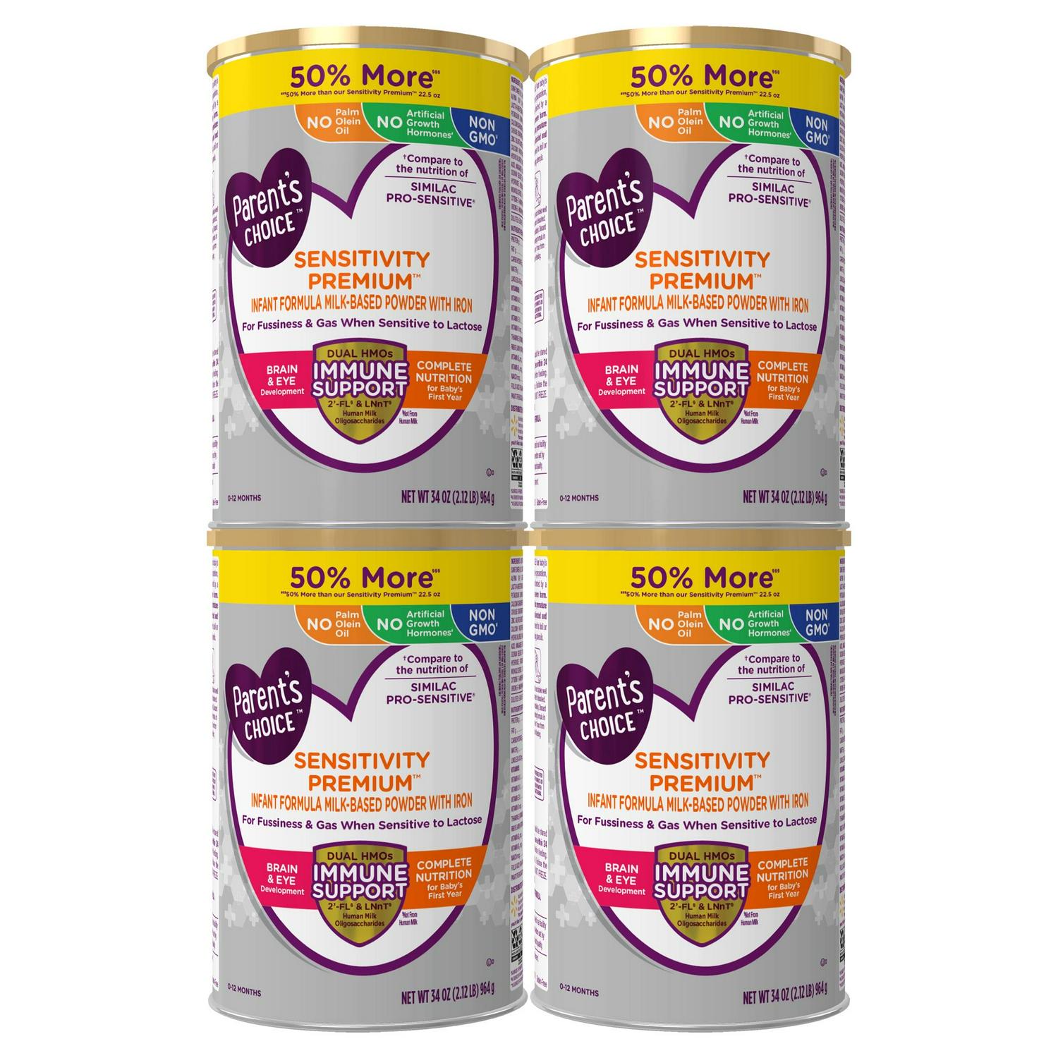 Parent's Choice Sensitivity Plus Baby Formula Powder, 34oz Can, 4 Pack, 99% Reduced Lactose, Dual HMOs