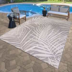 Gertmenian Paseo Paume Coastal Floral Gray and Cream Outdoor Area Rug, 9x13