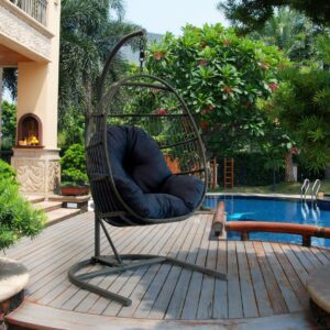 Patio Outdoor Crosby Wicker Egg Hanging Chair with Stand and Blue Cushion