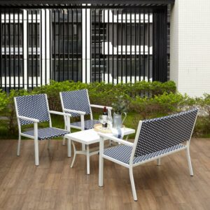 Teamson Home Indoor/Outdoor 4 Piece Coastal Wicker Bistro Table and Chairs Patio Set, White/Black