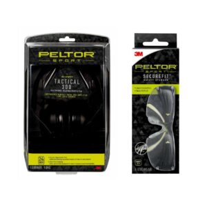 Peltor Sport Tactical 300 Electronic Hearing Protector Earmuff, NRR 24 dB, Black with Peltor Sport SecureFit Safety Eyewear, Black/Green Frame, Clear Polycarbonate Anti-Fog Lens, 1 Pair
