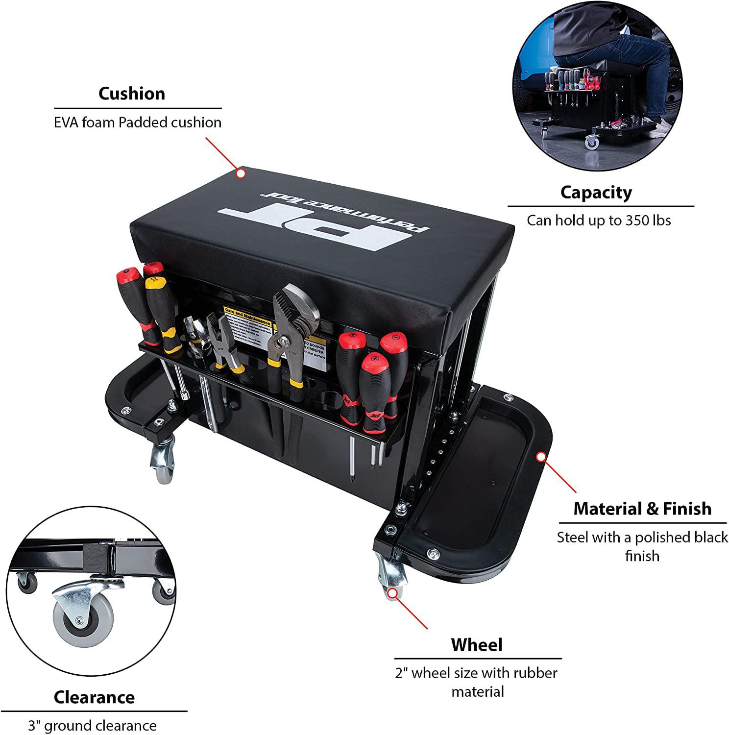 Performance Tool W85025 3-Drawer Rolling Tool Chest Seat with Magnetic Side Trays, 350 Lbs. Capacity, Rear Tray, Black - Image 3