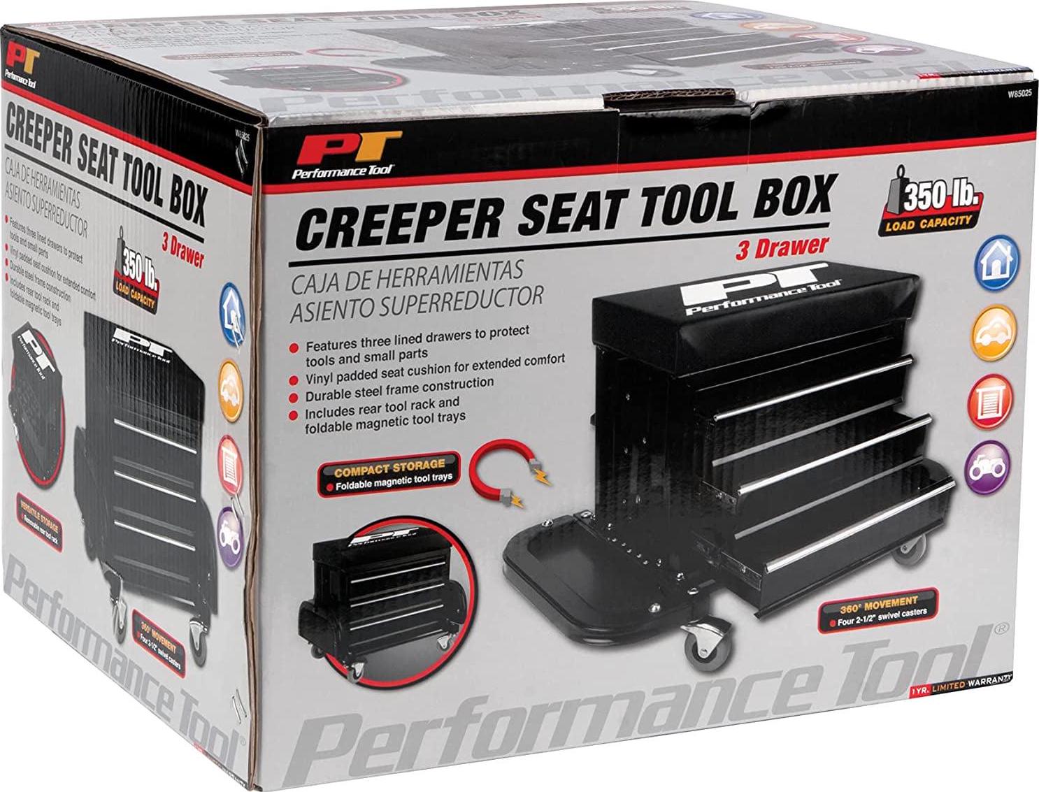 Performance Tool W85025 3-Drawer Rolling Tool Chest Seat with Magnetic Side Trays, 350 Lbs. Capacity, Rear Tray, Black - Image 2