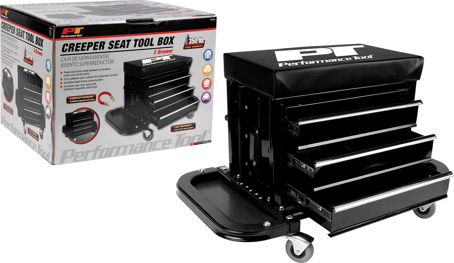 Performance Tool W85025 3-Drawer Rolling Tool Chest Seat with Magnetic Side Trays, 350 Lbs. Capacity, Rear Tray, Black - Image 8