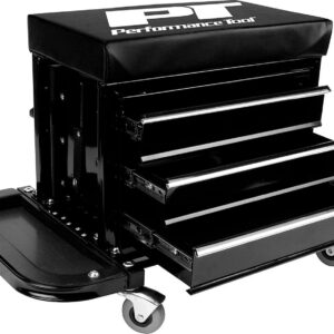 Performance Tool W85025 3-Drawer Rolling Tool Chest Seat with Magnetic Side Trays, 350 Lbs. Capacity, Rear Tray, Black