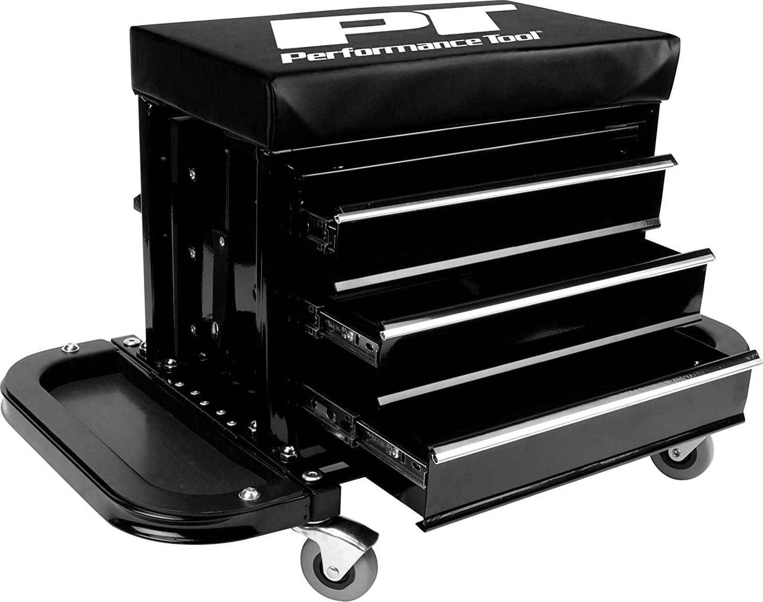 Performance Tool W85025 3-Drawer Rolling Tool Chest Seat with Magnetic Side Trays, 350 Lbs. Capacity, Rear Tray, Black