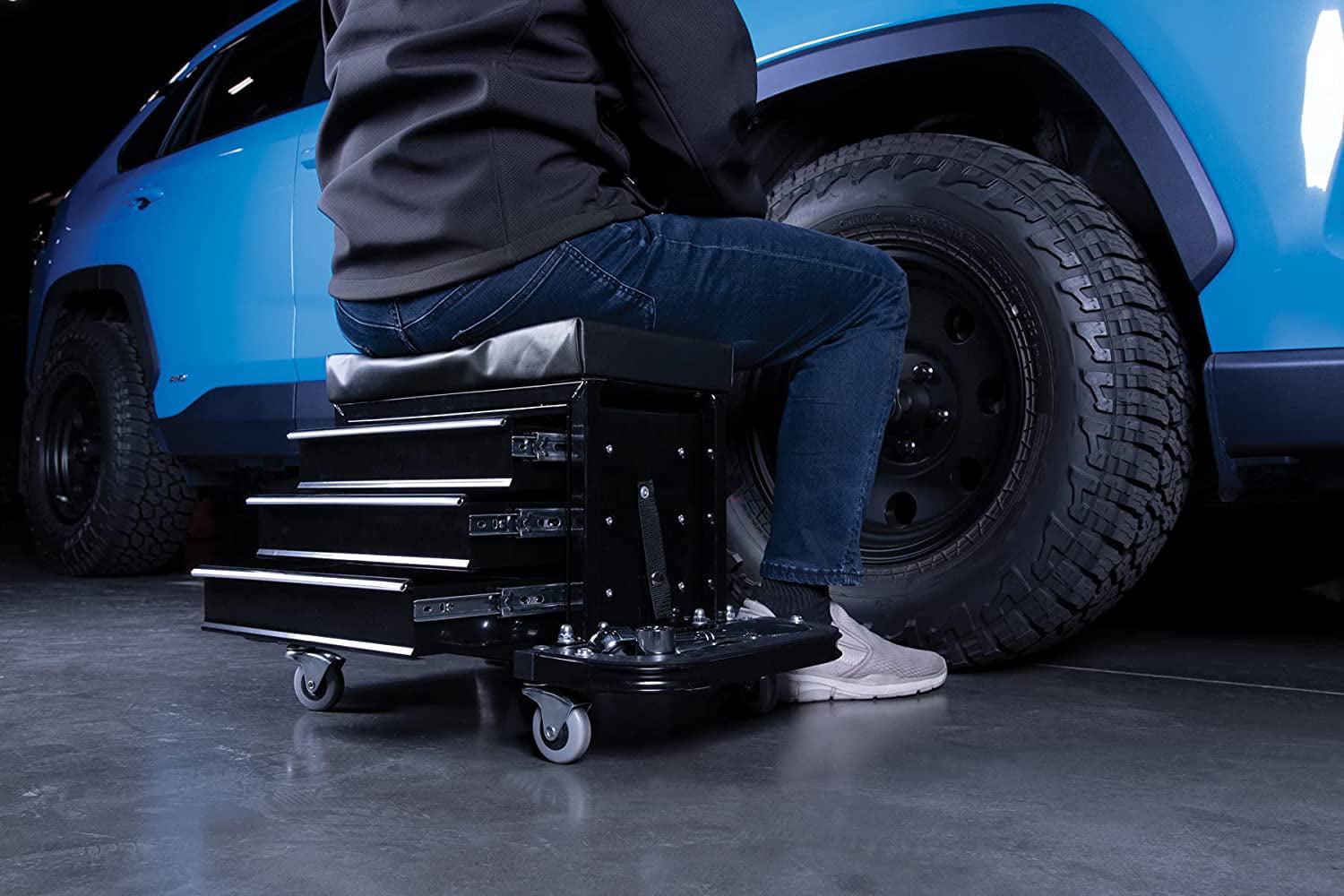 Performance Tool W85025 3-Drawer Rolling Tool Chest Seat with Magnetic Side Trays, 350 Lbs. Capacity, Rear Tray, Black - Image 6