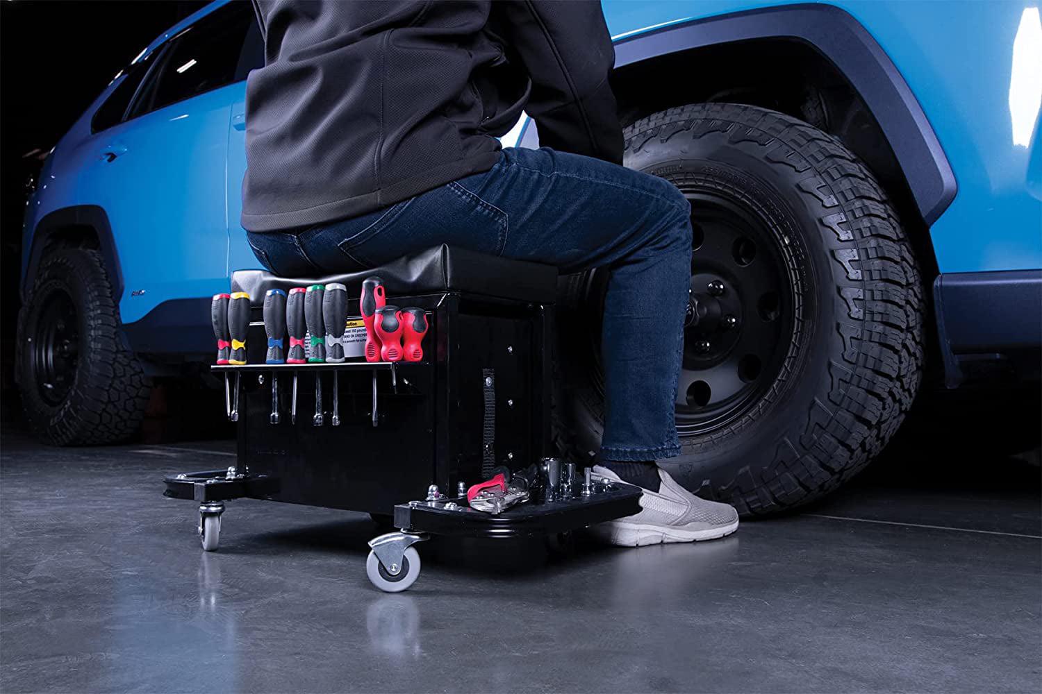 Performance Tool W85025 3-Drawer Rolling Tool Chest Seat with Magnetic Side Trays, 350 Lbs. Capacity, Rear Tray, Black - Image 7