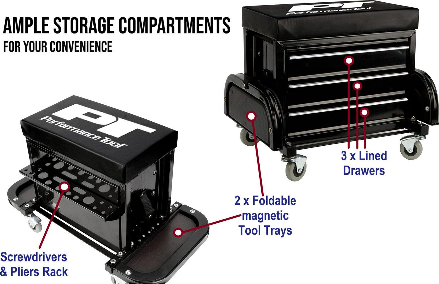 Performance Tool W85025 3-Drawer Rolling Tool Chest Seat with Magnetic Side Trays, 350 Lbs. Capacity, Rear Tray, Black - Image 4