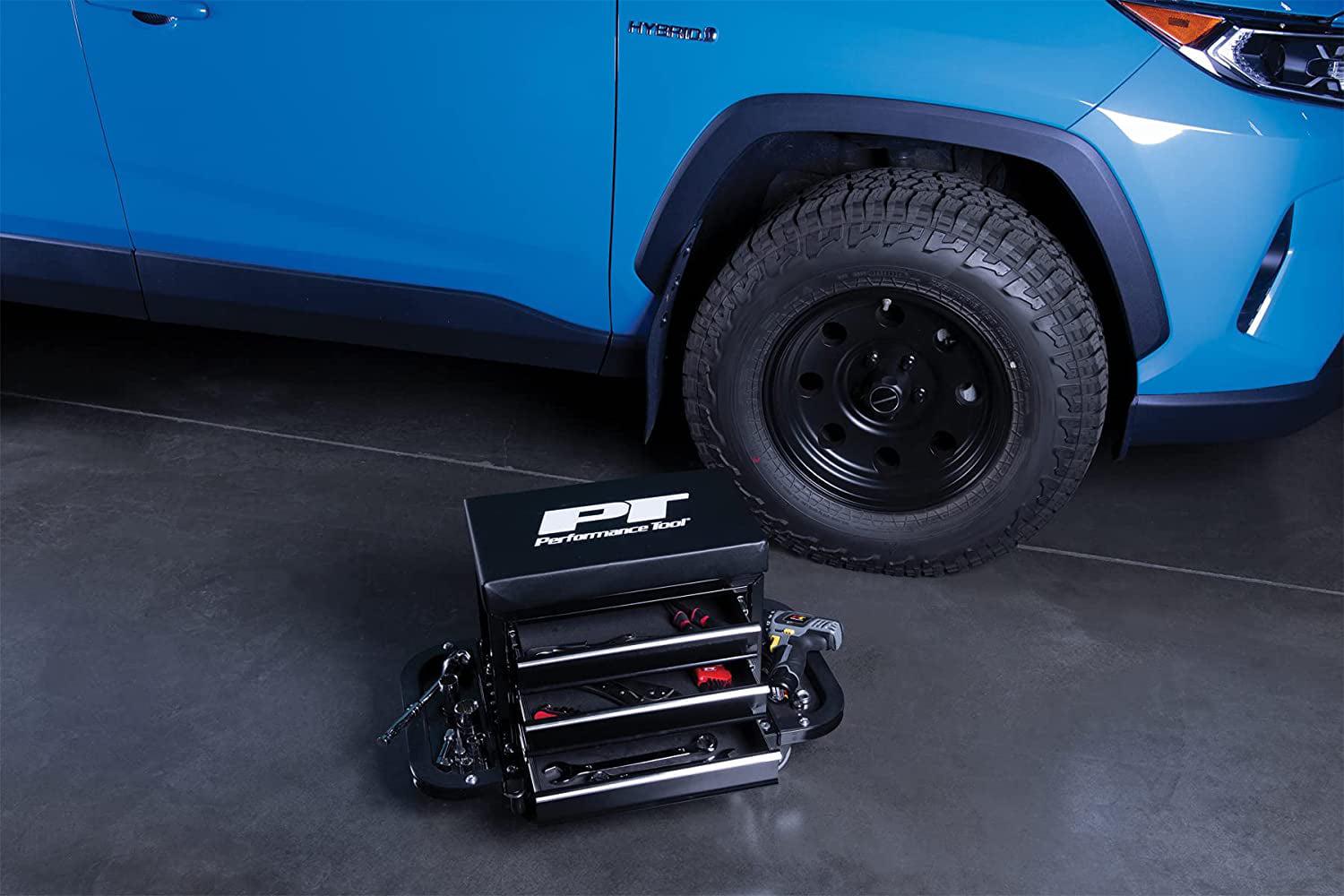 Performance Tool W85025 3-Drawer Rolling Tool Chest Seat with Magnetic Side Trays, 350 Lbs. Capacity, Rear Tray, Black - Image 9