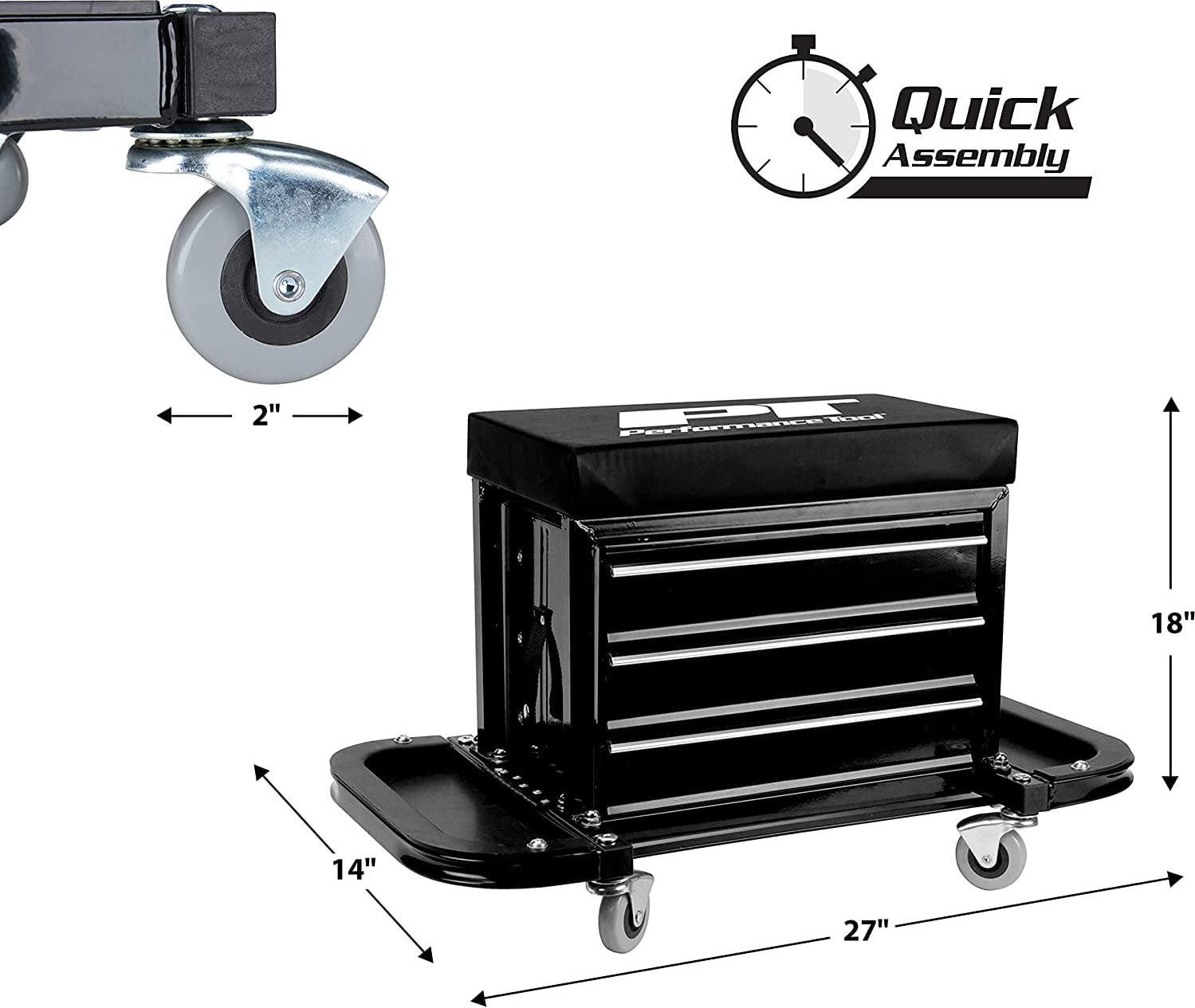 Performance Tool W85025 3-Drawer Rolling Tool Chest Seat with Magnetic Side Trays, 350 Lbs. Capacity, Rear Tray, Black - Image 5