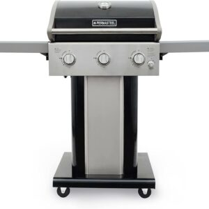 Permasteel 3-Burner Gas Grill, Compact Propane Grill, Outdoor BBQ, Foldable Side Tables, Black