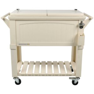 Permasteel 80-Qt Antique Outdoor Steel Patio Cooler on Wheels, Rolling Cooler Cart, Wooden Teak Style, Cream