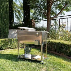 Permasteel PS-206-SS 80 Quart Rolling Patio Cooler with Bottom Tray, Stainless Steel