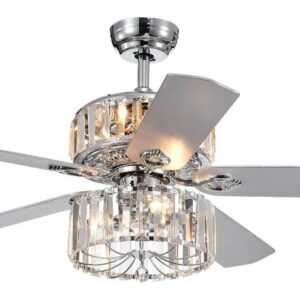Warehouse of Tiffany Perris 52-inch 5-Blade Chrome Lighted Ceiling Fans with 2-Tier Crystal Shade (Remote Controlled)