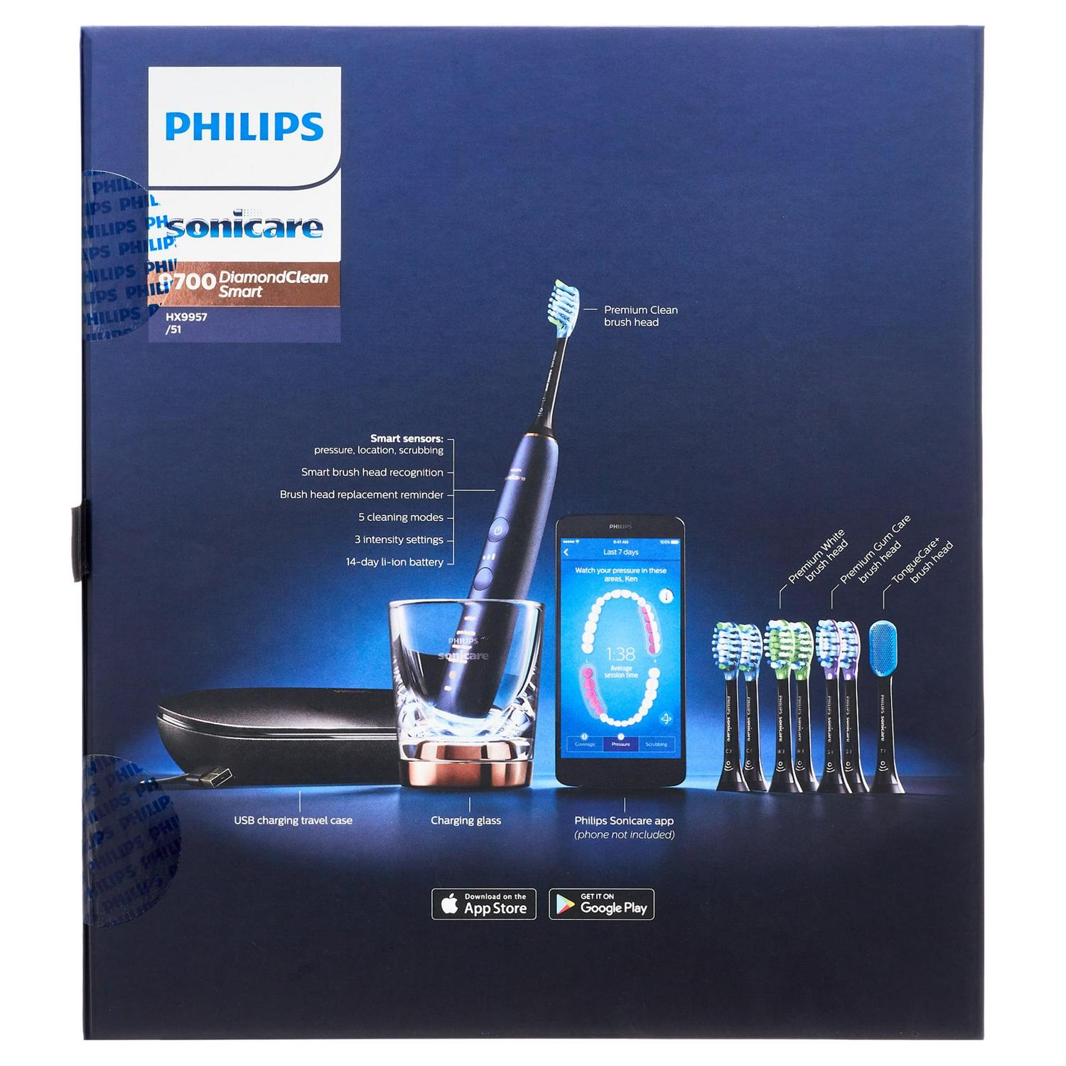Philips Sonicare Diamondclean Smart Electric, Rechargeable Toothbrush For Complete Oral Care, with Charging Travel Case, 5 Modes, and 8 Brush Heads – 9700 Series, Lunar Blue, HX9957/51 - Image 4