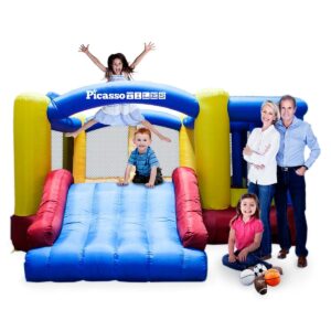 PICASSO-TILES Outdoor Inflatable Bouncer, Bounsing House, Jump Slide Dunk Playhouse with Basketball Rim, 4 Sports Balls, Full Size Entry, 580W ETL Certified Blower