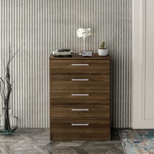 Polifurniture Juliette Modern 5 Drawer Wood Dresser, Walnut