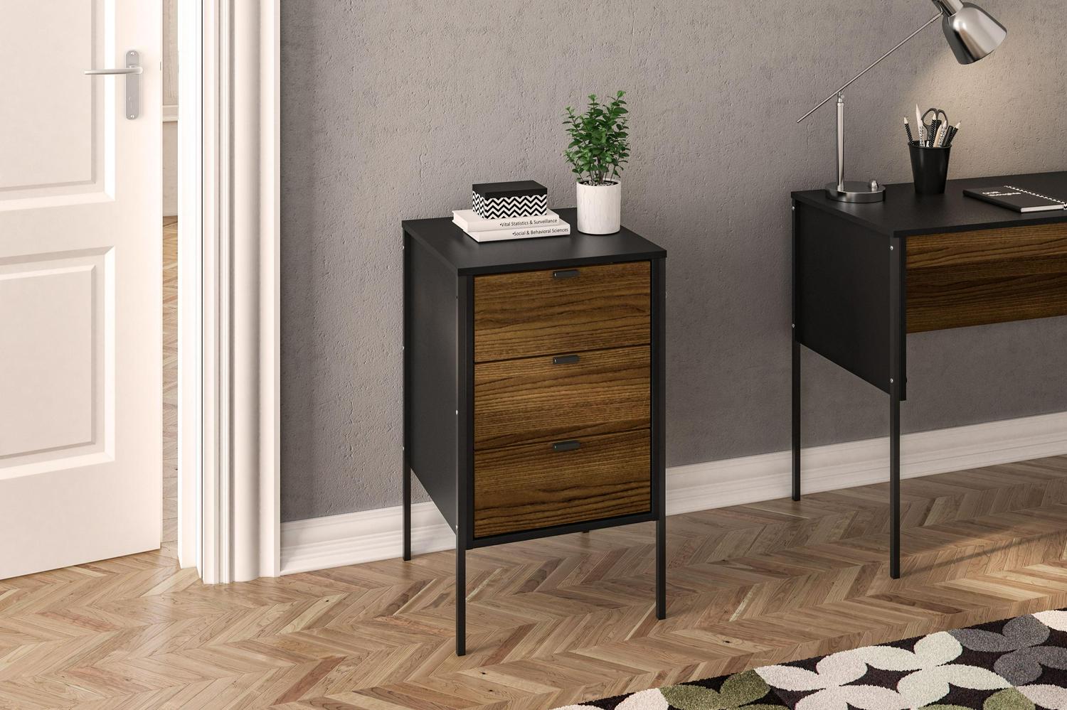 Polifurniture Mallorca 3 Drawer Office Cabinet, Walnut and Black
