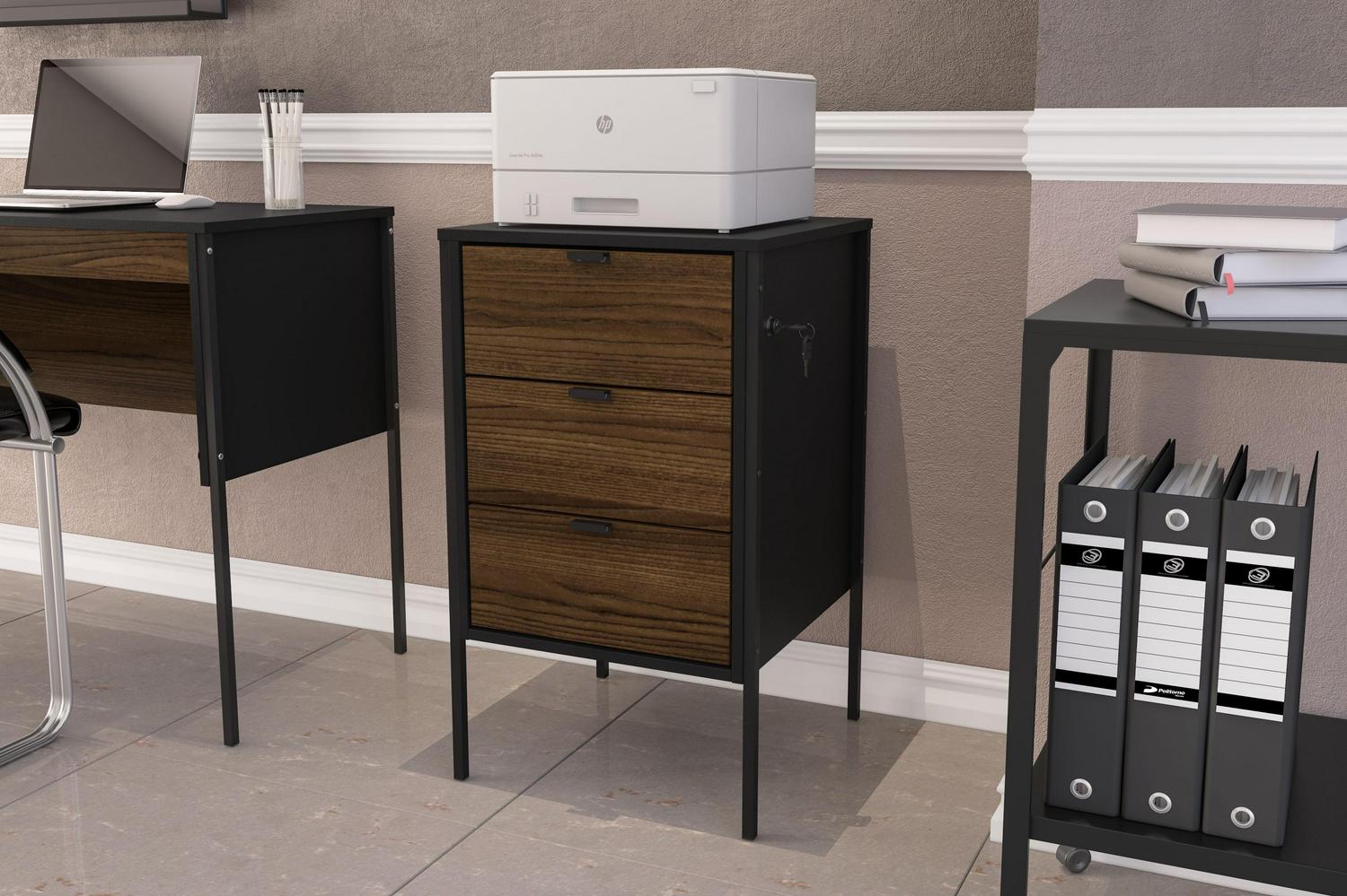 Polifurniture Mallorca 3 Drawer Office Cabinet, Walnut and Black - Image 10