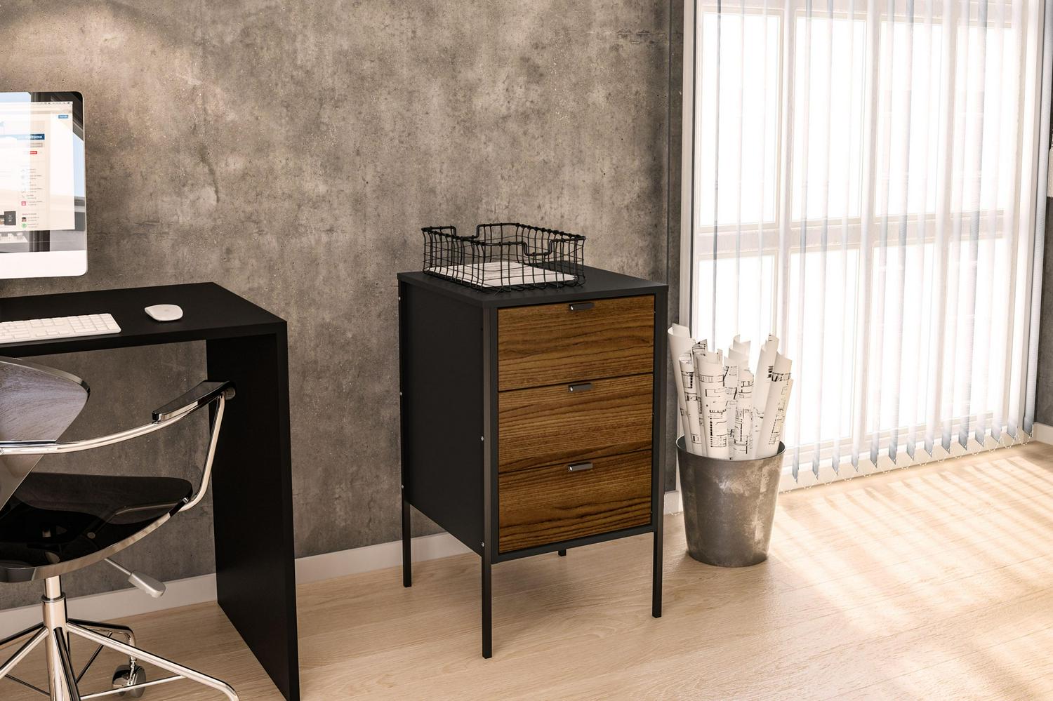 Polifurniture Mallorca 3 Drawer Office Cabinet, Walnut and Black - Image 7