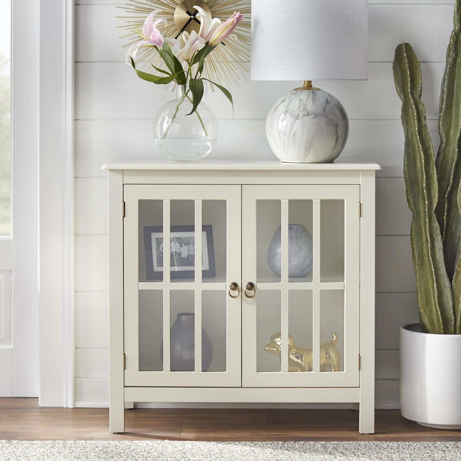 Simple Living Portland 2-Door Glass Cabinet Antique White