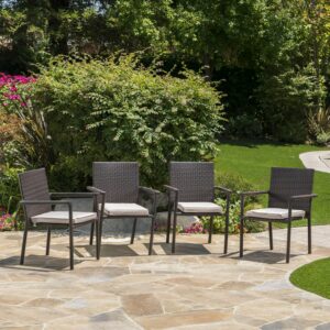 Porto Outdoor Wicker Armed Dining Chairs with Cushions, Set of 4, Multibrown, Textured Beige