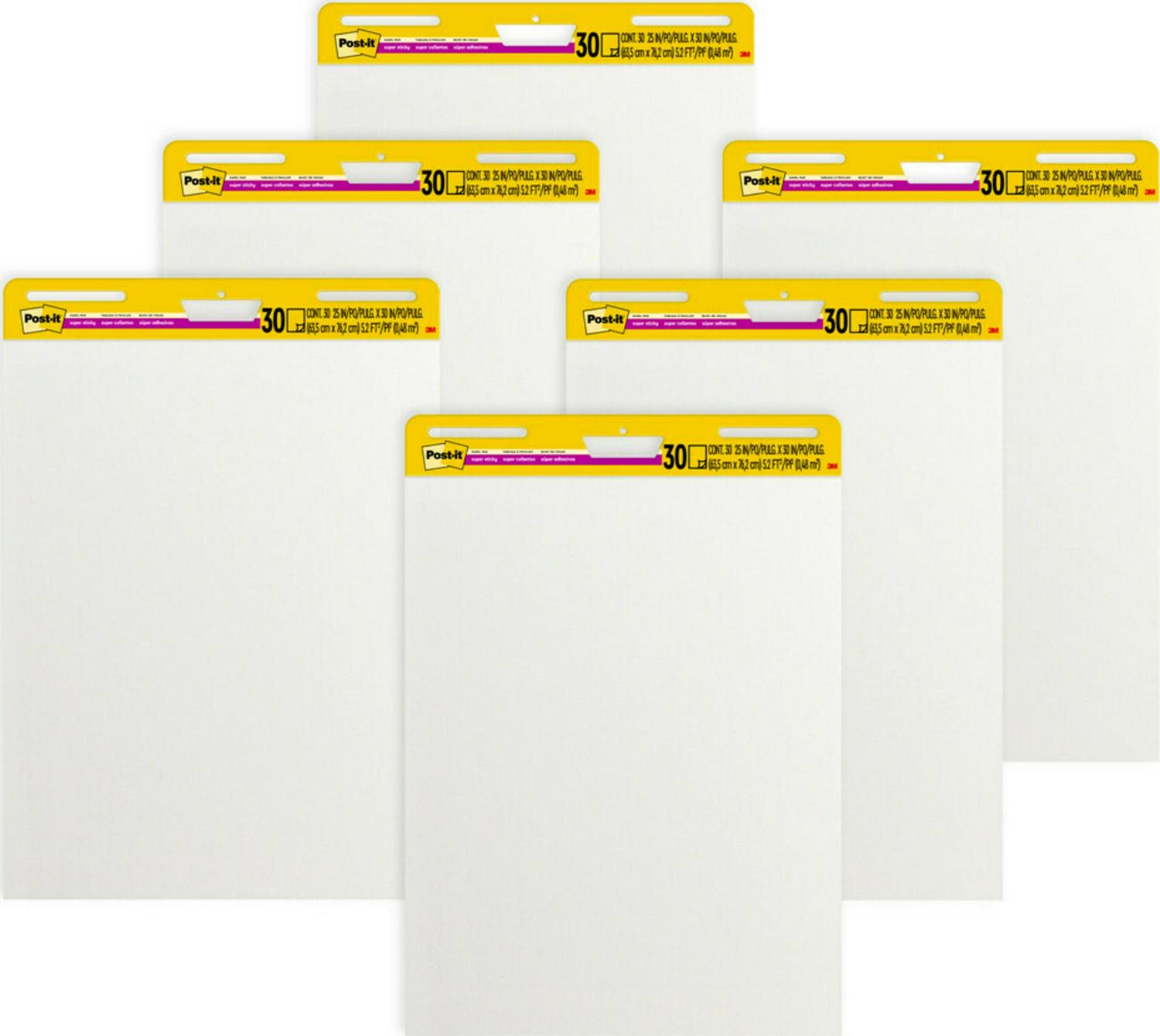 Post-it Super Sticky Easel Pad, 25" x 30", 30 Shts/Pad, White, 6 Pads
