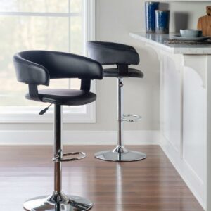 Linon Curved Low Back Indoor Round Metal Pedestal Bar Stool with Adjustable Height and Swivel, Chrome/Black Faux Leather