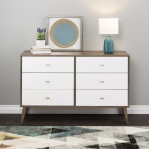 Prepac Milo Mid-Century 6 Drawer Wooden Dresser, 16" x 52.25" x 33", Brown/White