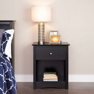 Prepac Sonoma Traditional Tall Bedroom Nightstand with Open Shelf, 1-Drawer, Black