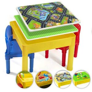 Prextex Kids 5 in 1 Store and Play Craft, Bricks, Water & Car Roads, Table Set with 2 Chairs Green