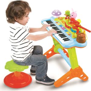 Prextex Kids Toy Piano Set | Microphone and Record, Playback, Synthesizer and Stool | Musical Toy Gifts