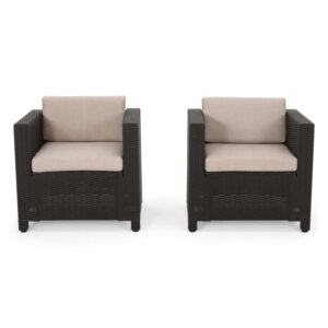 Primrose Outdoor Wicker Print Club Chair with Cushions, Set of 2, Dark Brown and Beige