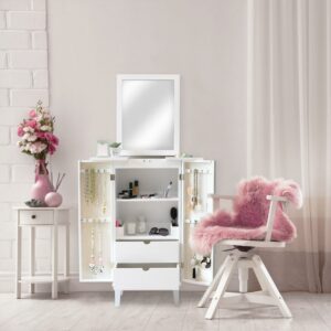 Prinz Standing 40” Makeup & Jewelry Organizer Armoire with Mirror, White