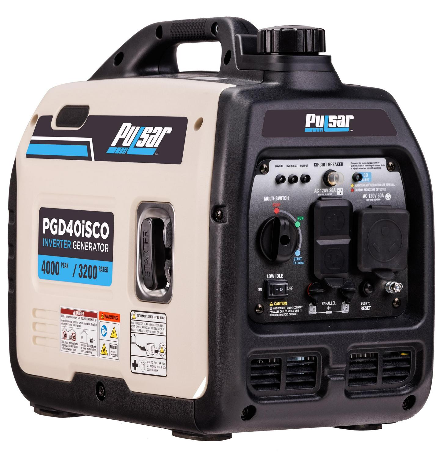 Pulsar PGD40ISCO 4000W Super Quiet Gasoline-Powered Portable Inverter Generator with Recoil Start, CO Shutdown, and 4.5-Hour Runtime