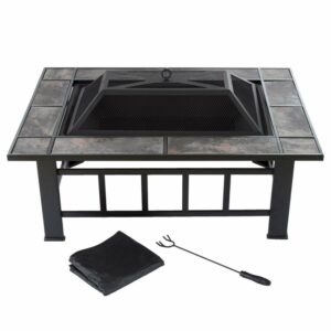 Pure Garden 37-Inch Outdoor Fire Pit with Screen, Cover, and Log Poker (Black)