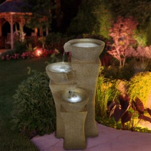 Pure Garden Extra Large 3-Tier Water Fountain with Pump and Lights, Beige