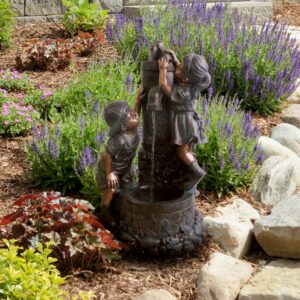 Outdoor Water Fountain With Boy and Girl, Antique Bronze Design and Soothing Sound for Decor on Patio, Lawn and Garden By Pure Garden