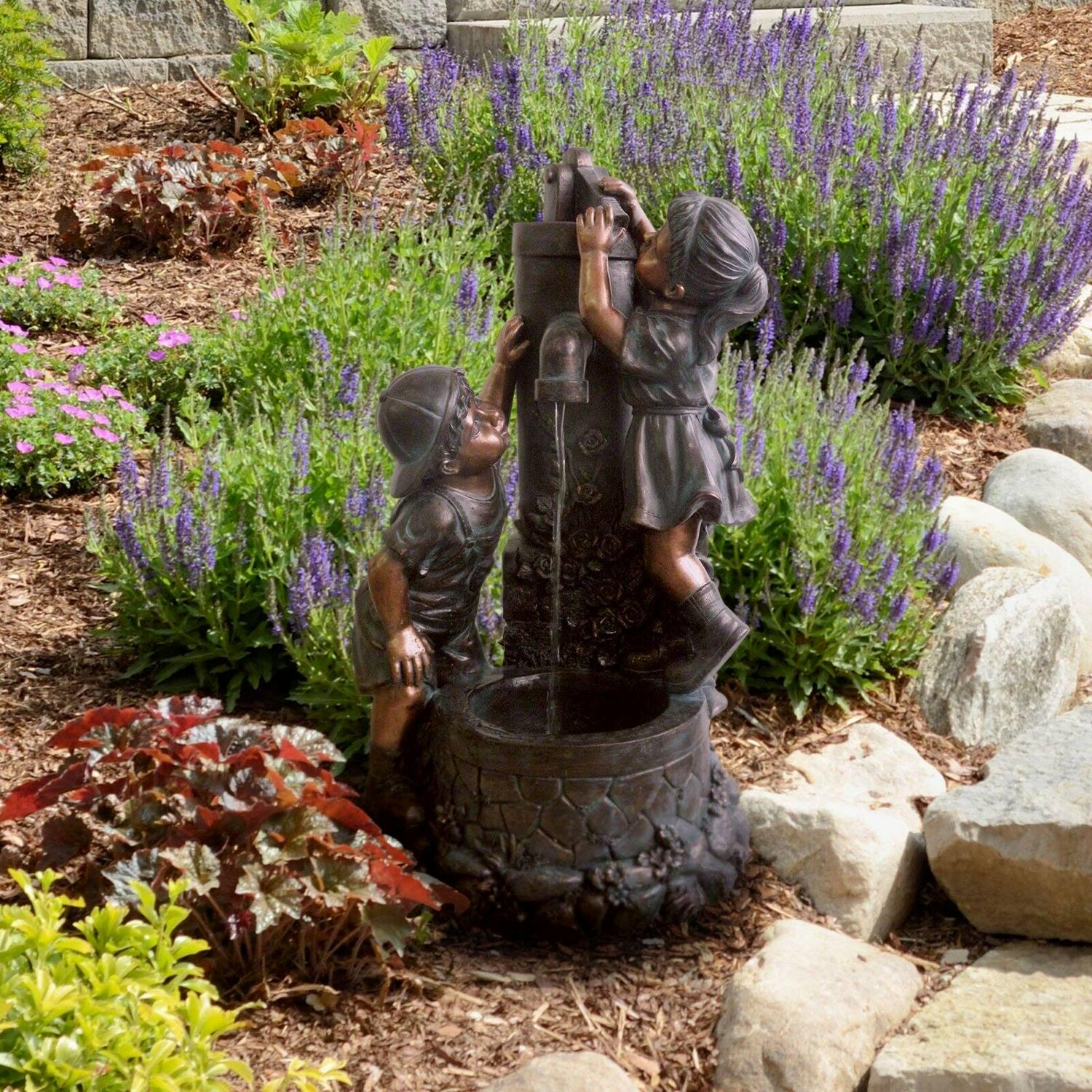 Outdoor Water Fountain With Boy and Girl, Antique Bronze Design and Soothing Sound for Decor on Patio, Lawn and Garden By Pure Garden