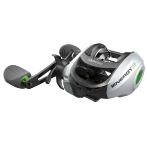 Quantum Energy S3 Baitcast Fishing Reel, Size 100 Reel, Right-Hand Retrieve, Continuous Anti-Reverse Clutch, Large EVA Handle Knobs, 6.3:1 Gear Ratio, 10 + 1 Bearings, Silver/Black
